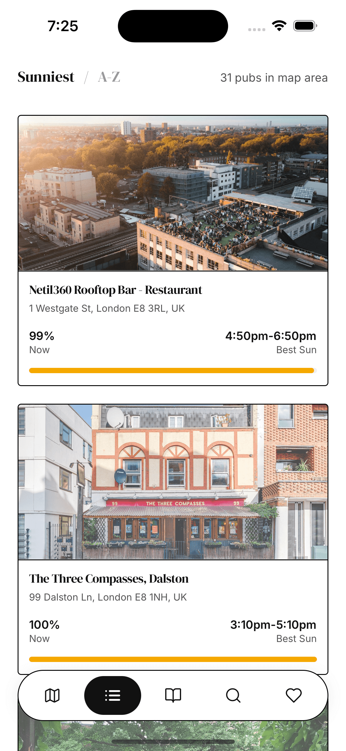 Pub list view on the app