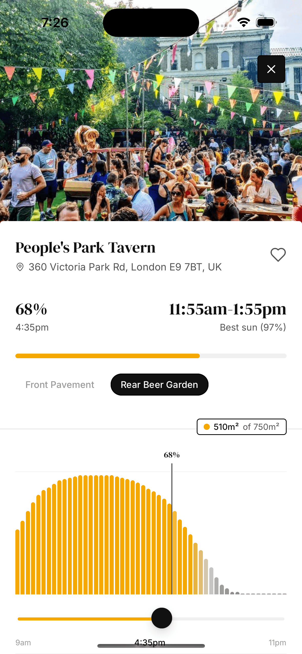 Pub detail view on the app