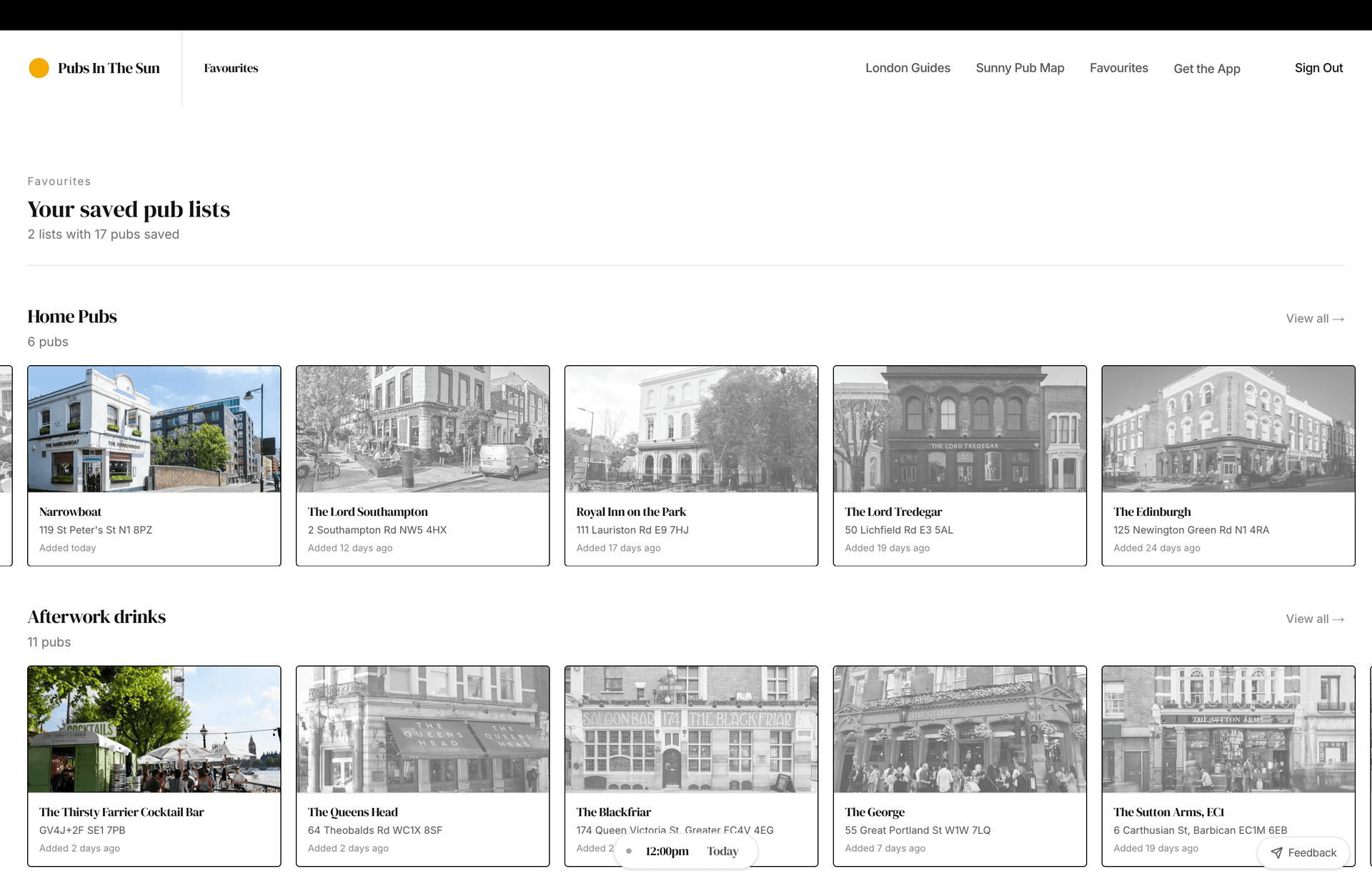 Favourites lists page with pub carousels