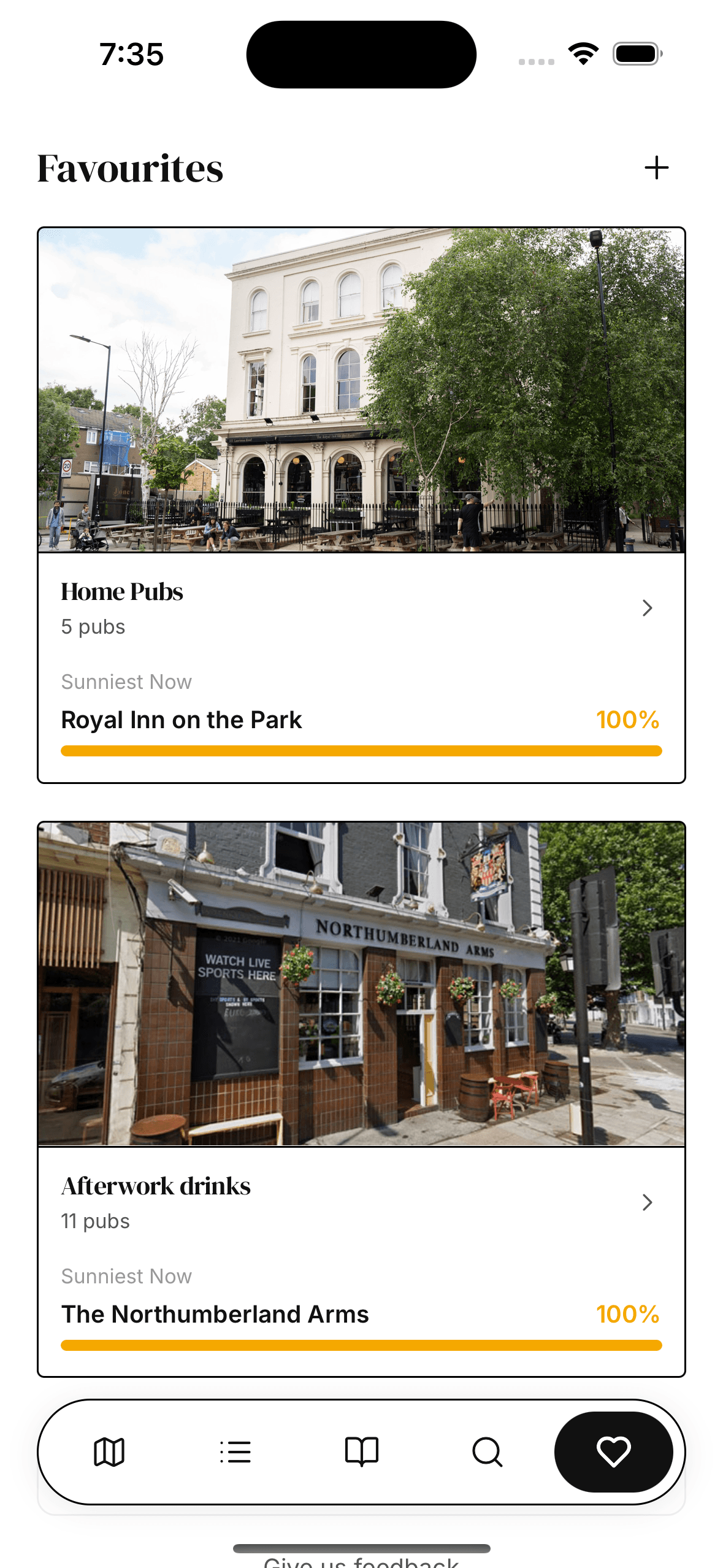 List with live sun percentages
