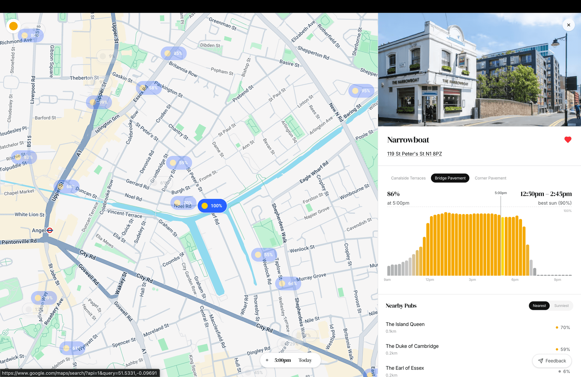Pub selected on the map with sun data