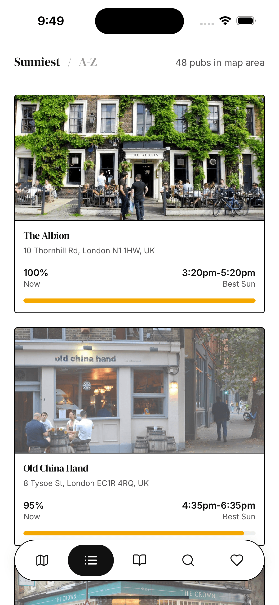 Pub list with sun percentages