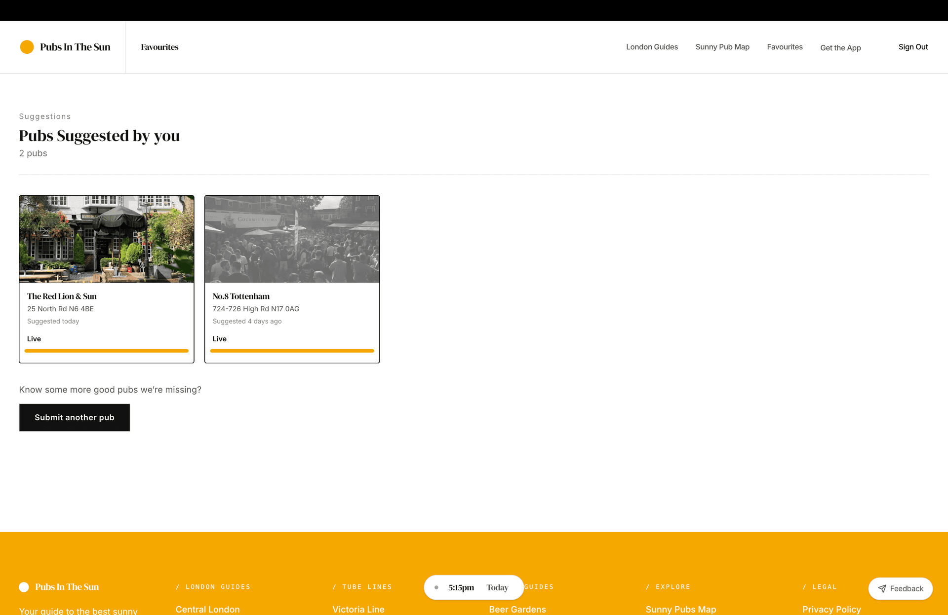 Favourites page showing suggestion statuses