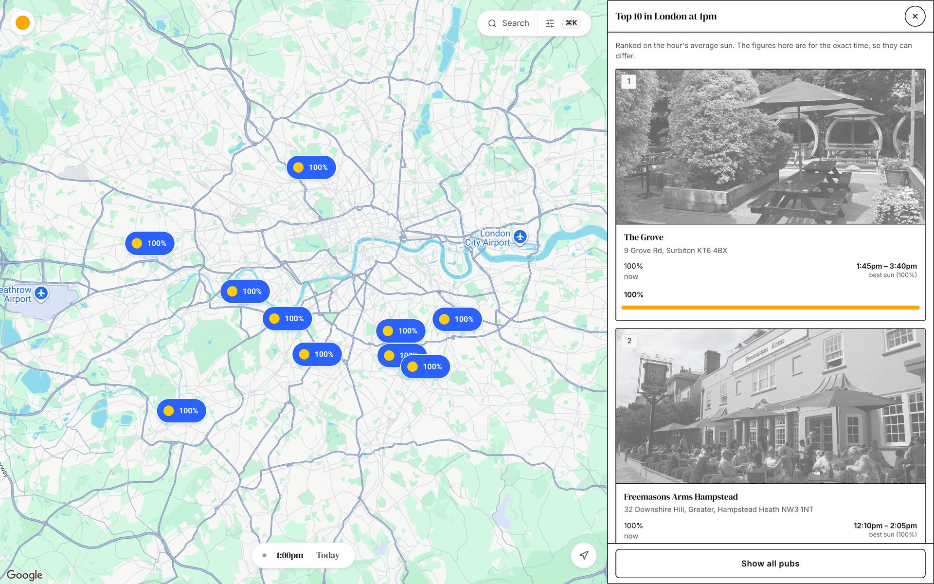 The sunny pub map showing only the top 10 pubs in London at 1pm, with their list beside it