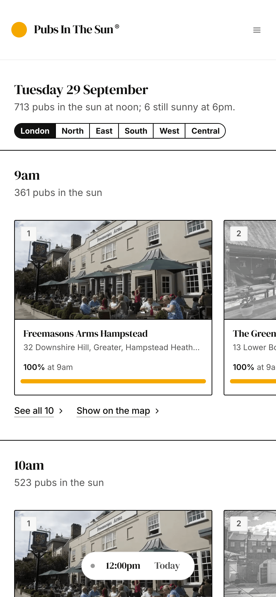 The Sun Calendar on a phone, with the region filter and the top pubs at 9am