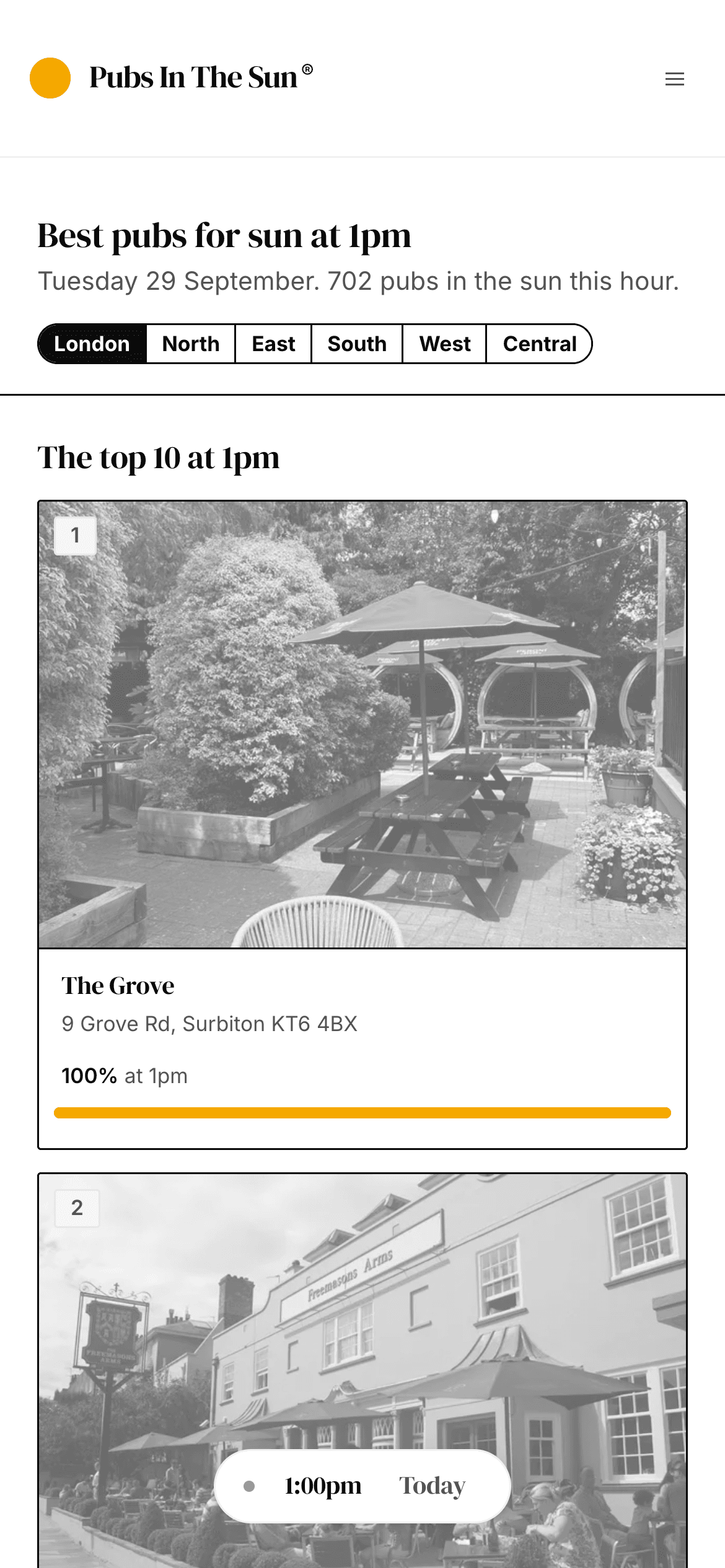 The page for the best pubs for sun at 1pm, led by The Grove
