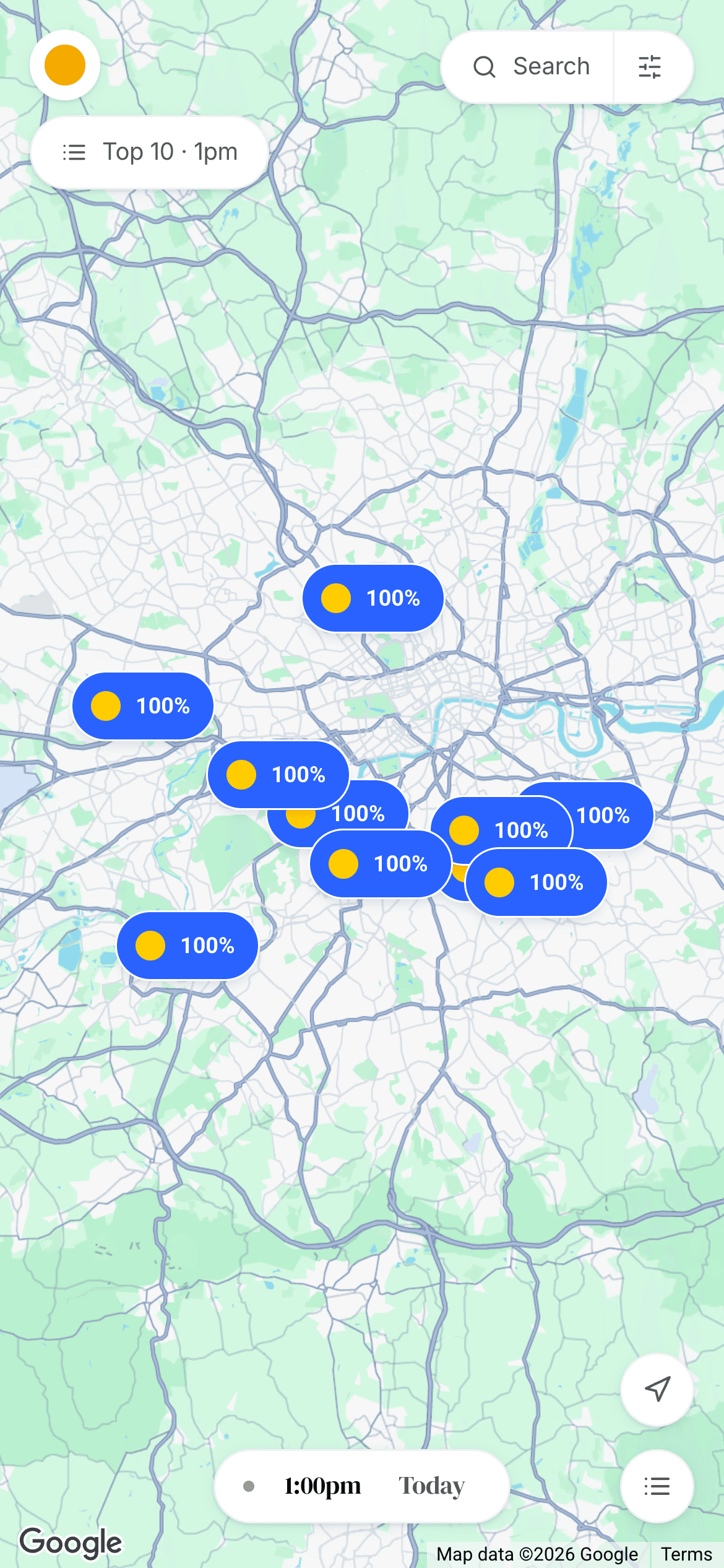 The map on a phone showing only the top 10 pubs at 1pm